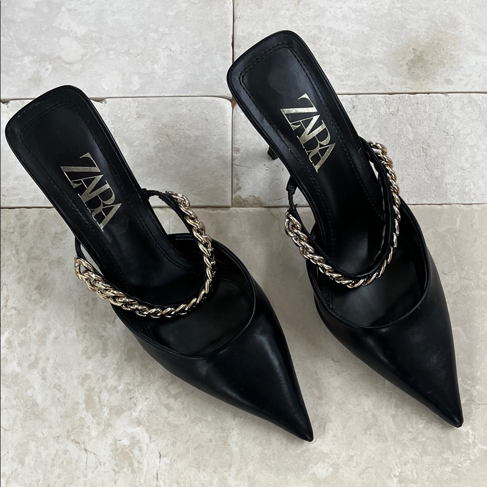 Zara Black Pointed Toe Mules with Gold Chain Strap